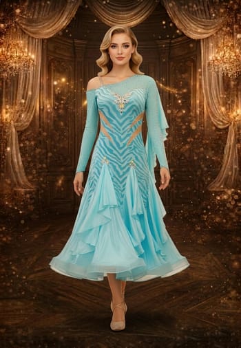 Azure Flow Latin dress — front view — one-shoulder, sky blue Latin dress with an animal print design and a full ruffled skirt.