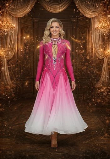 Berry Surge Ballroom Dress — front view — long-sleeved pink gown with ombre skirt fading to white and heavy rhinestone detail.
