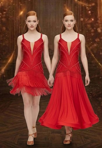 Crimson Flame - front view - Two-Way Ballroom/Latin dress shows red velvet short Latin dress with fringe and long Standard dress side-by-side.