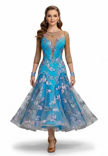 Dragonfly ballroom gown — front view — bright blue with pink dragonfly appliqué and sheer nude mesh