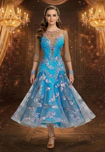 Silver Dragonfly ballroom gown — front view — bright blue with pink dragonfly appliqué and sheer nude mesh