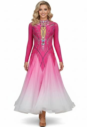 Berry Ombre Ballroom Dress — front view — long-sleeved pink gown with ombre skirt fading to white and heavy rhinestone detail.