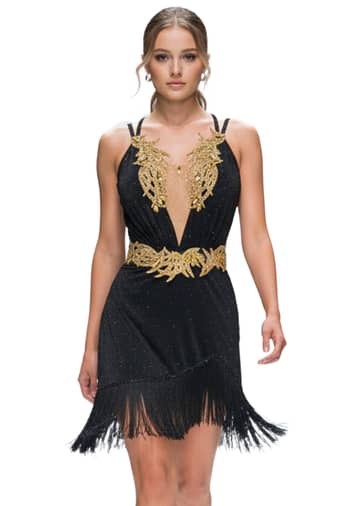Radiant Obsidian Latin dress — front view — black satin with crystal embellishment
