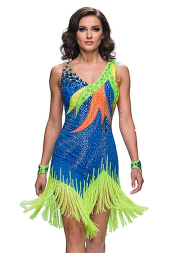 Rio Swirl Latin dress - front view - Sleeveless, featuring a swirling geometric design and dynamic fringe on the skirt.
