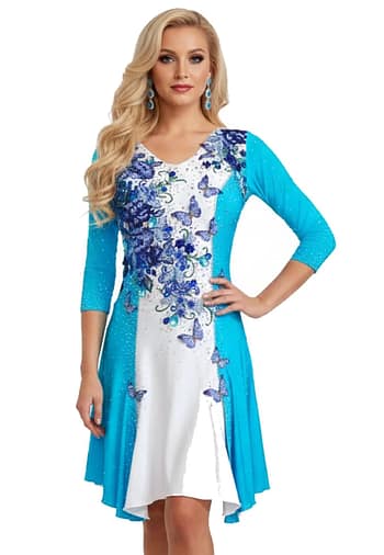 Azure Grace in blue and white ballroom dress with 3/4 sleeves and butterfly floral embroidery.
