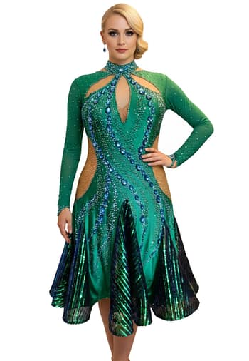 Kalinda emerald green Latin dance dress with long sleeves, keyhole neckline, and sapphire crystal swirl design shown full length on model