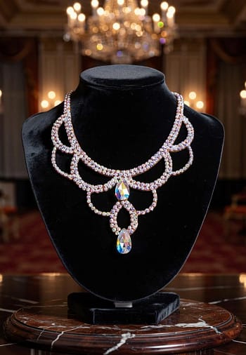 Crystal ballroom necklace displayed on a black jewelry bust under warm ballroom lighting