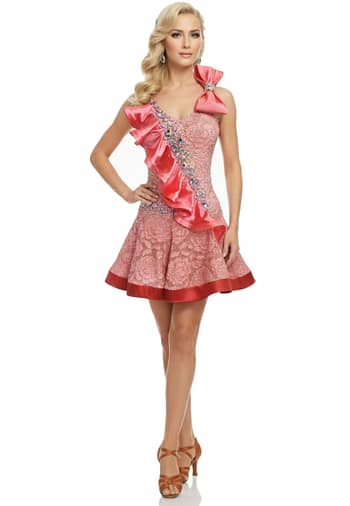 Luisa front full view Latin dress with blush pink lace, crystal bodice, and satin ruffle detail