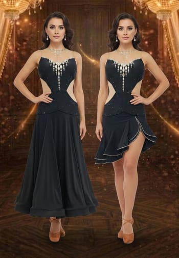 Midnight Rhythm Performance convertible dance dress shown in Smooth and Latin versions, featuring black crystal bodice, nude illusion sides, and detachable skirt options.
