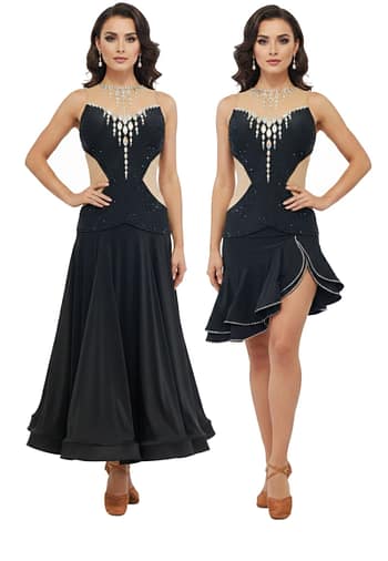 Midnight Rhythm Performance convertible dance dress shown in Smooth and Latin versions, featuring black crystal bodice, nude illusion sides, and detachable skirt options.