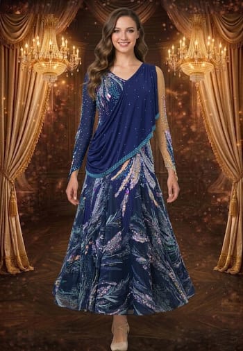 Midnight Veil navy ballroom gown with asymmetrical draped bodice, crystal detailing, and flowing full-length chiffon skirt