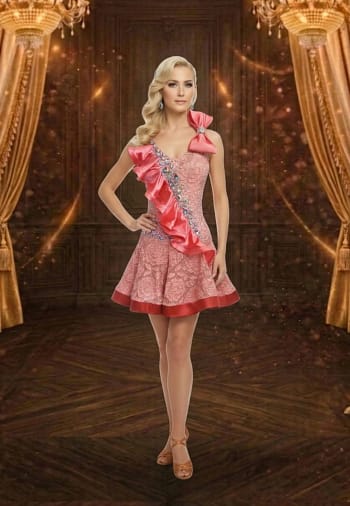 Rose Reverie front close up view Latin dress with blush pink lace, crystal bodice, and satin ruffle detail