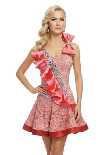Rose Reverie front close up view Latin dress with blush pink lace, crystal bodice, and satin ruffle detail