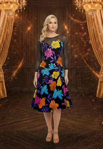 Vivid Bloom Front view — black base with multicolor floral appliqués and sheer mesh neckline