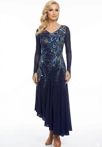 Navy ballroom dress with crystal-embellished draped bodice and flowing skirt