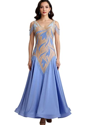 Front view of the Yvette ballroom dress in sky blue with nude illusion bodice, crystal appliqué detailing, and a full flowing skirt for Smooth dances.