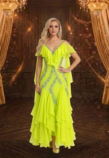 Electric Citrine Signature Series ballroom gown in vivid chartreuse with rhinestone embellishments