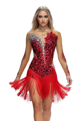 Wild Leopard Latin dress featuring red fringe skirt, sheer nude mesh, and black leopard sequin embellishments with long sleeves