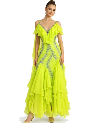Electric Citrine Signature Series ballroom gown in vivid chartreuse with rhinestone embellishments