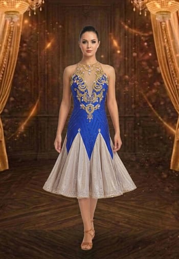 Royal Aurum Dress royal blue and gold Latin dress full front view with ornate crystal embellishments