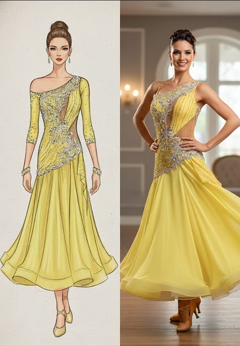 Custom yellow ballroom gown — sketch-to-reality comparison showing crystal applique bodice and flowing skirt