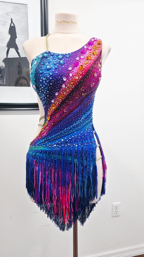 Chromatic Fire Latin dress full front view with multicolor gradient and crystal embellishments