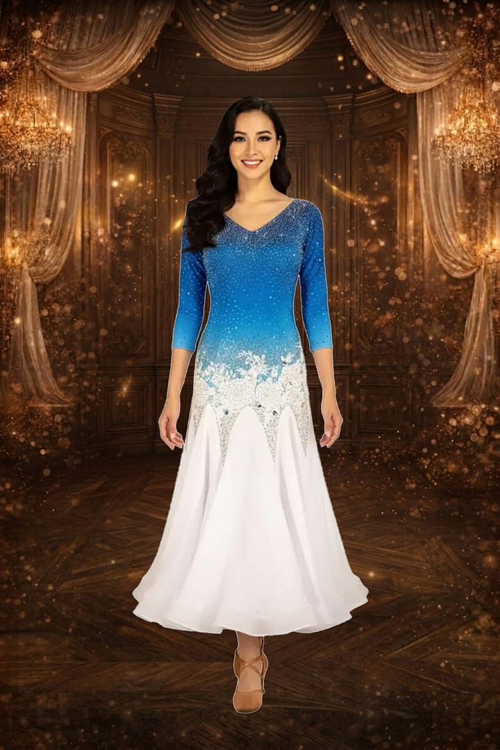 Blue fire ballroom gown — front view — A vibrant royal blue Standard dress, a cutout shoulder, and a bodice heavily embellished with clear and iridescent crystals.