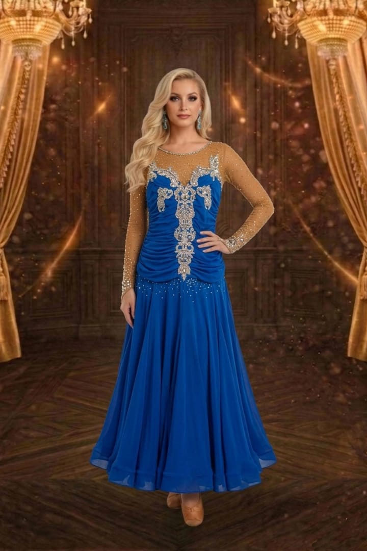 Imperial Sapphire Ballroom Dress – Front View — royal-blue ballroom gown with ruched bodice, nude mesh illusion neckline, and ornate silver appliques vertically placed down the front.