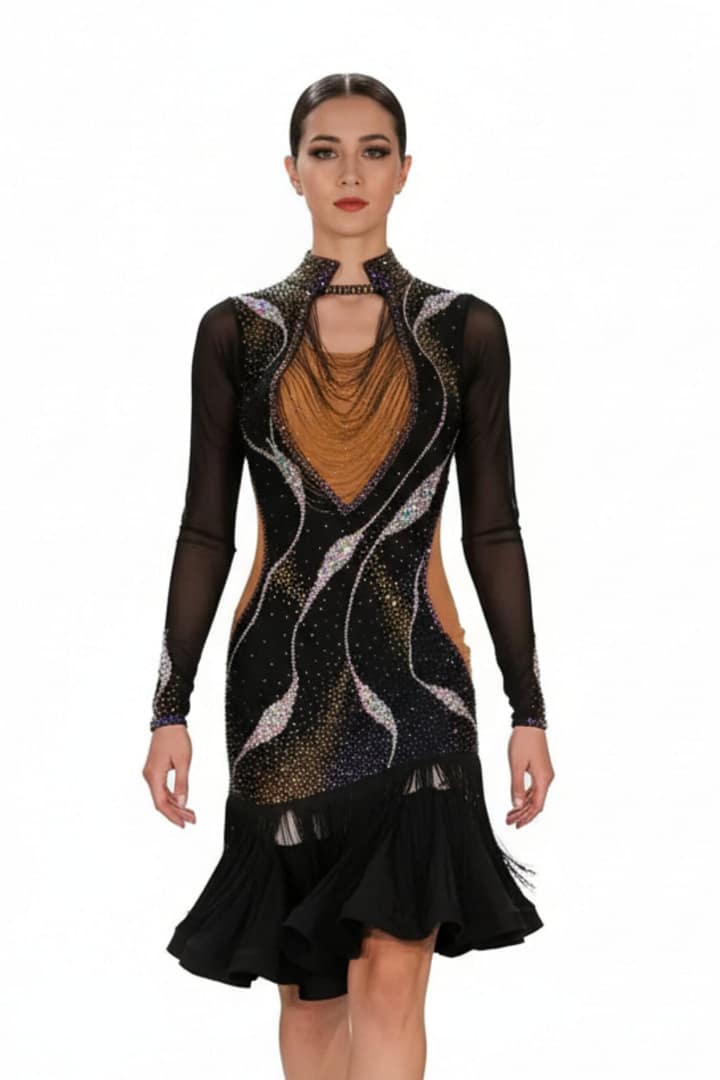 Mia Latin dress — front view — black with gold drape, multi-color crystal swirls, and sheer sleeves