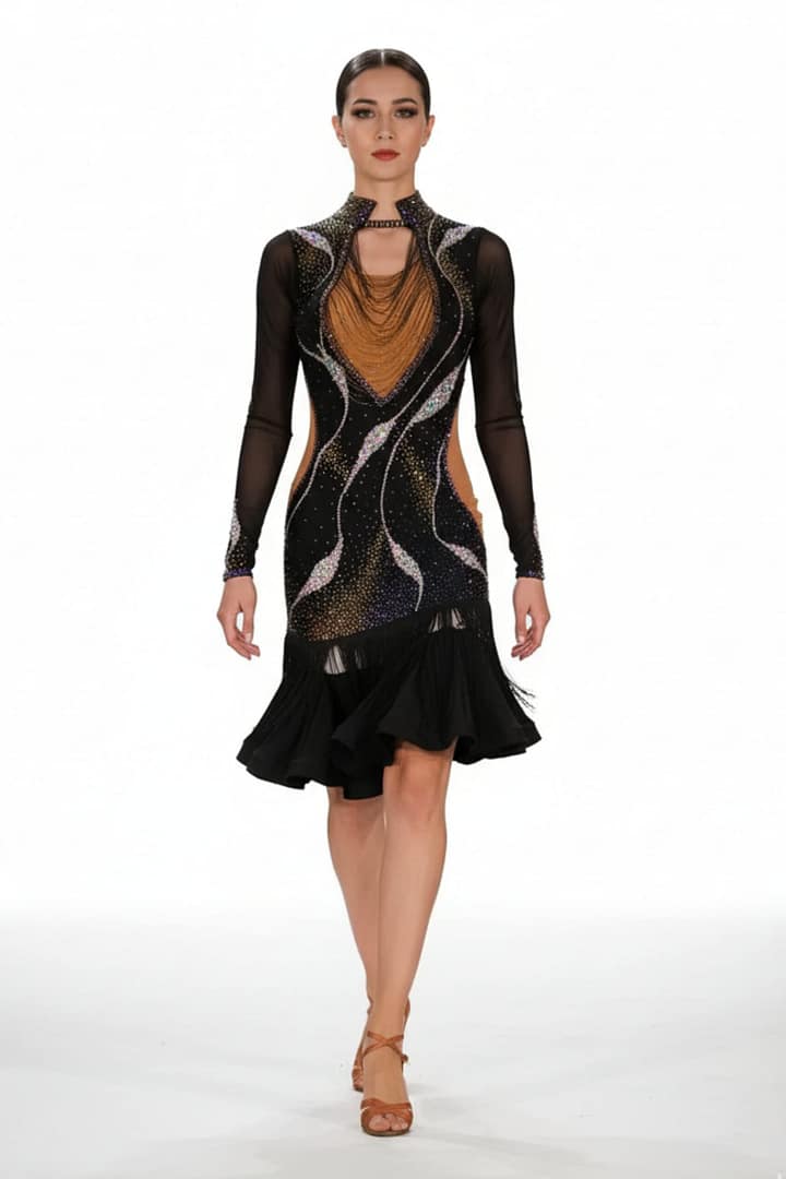 Mia Latin dress — full view — full-body view of model wearing the black Mia Latin dress