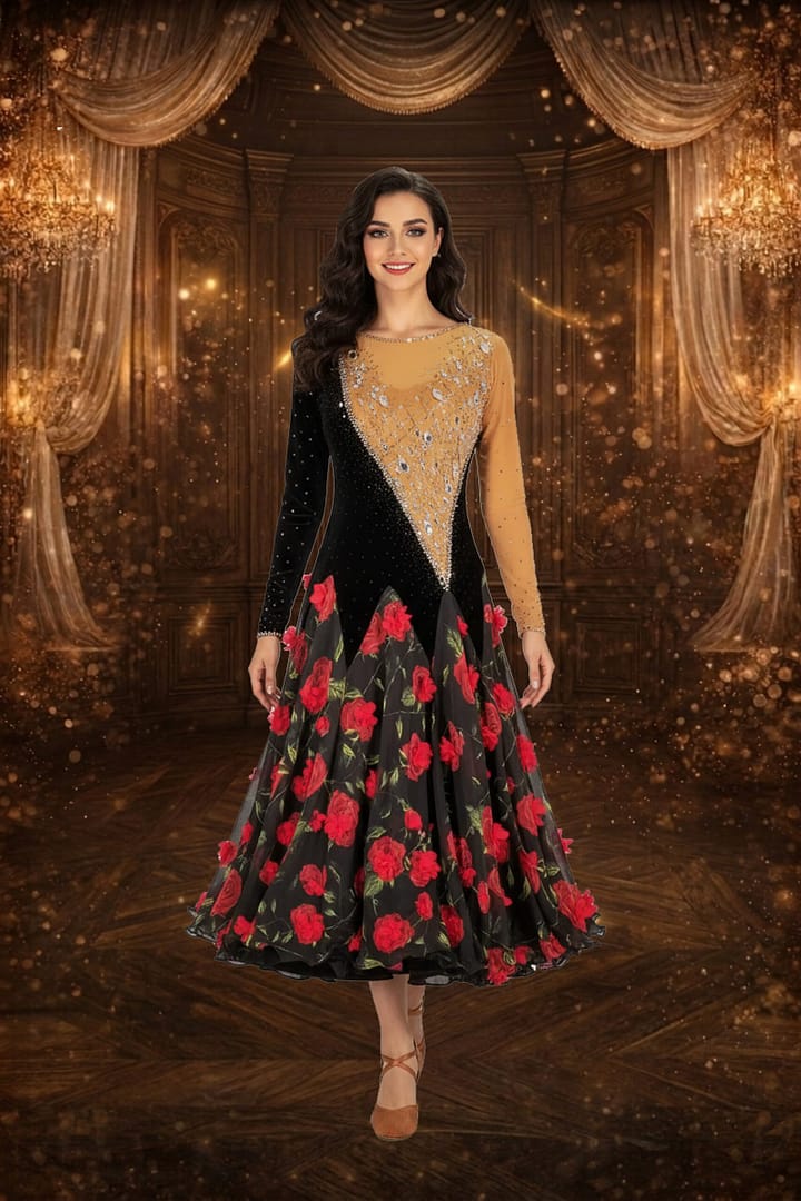 Scarlet Bloom ballroom gown — front view — A long-sleeved Standard dress with a two-tone bodice; the top-right quarter is tan mesh with crystals, and the bottom-left quarter is black velvet, separated by a diagonal line. The skirt is black sheer fabric printed with large, bright red roses.