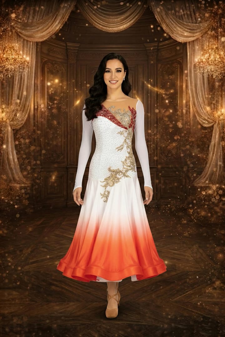 Solar Motion ballroom gown — front view — A vibrant Standard dress featuring a lemon yellow upper bodice and a black satin skirt. The black velvet appliqué with gold and clear crystals extends from the bodice down to the hips.