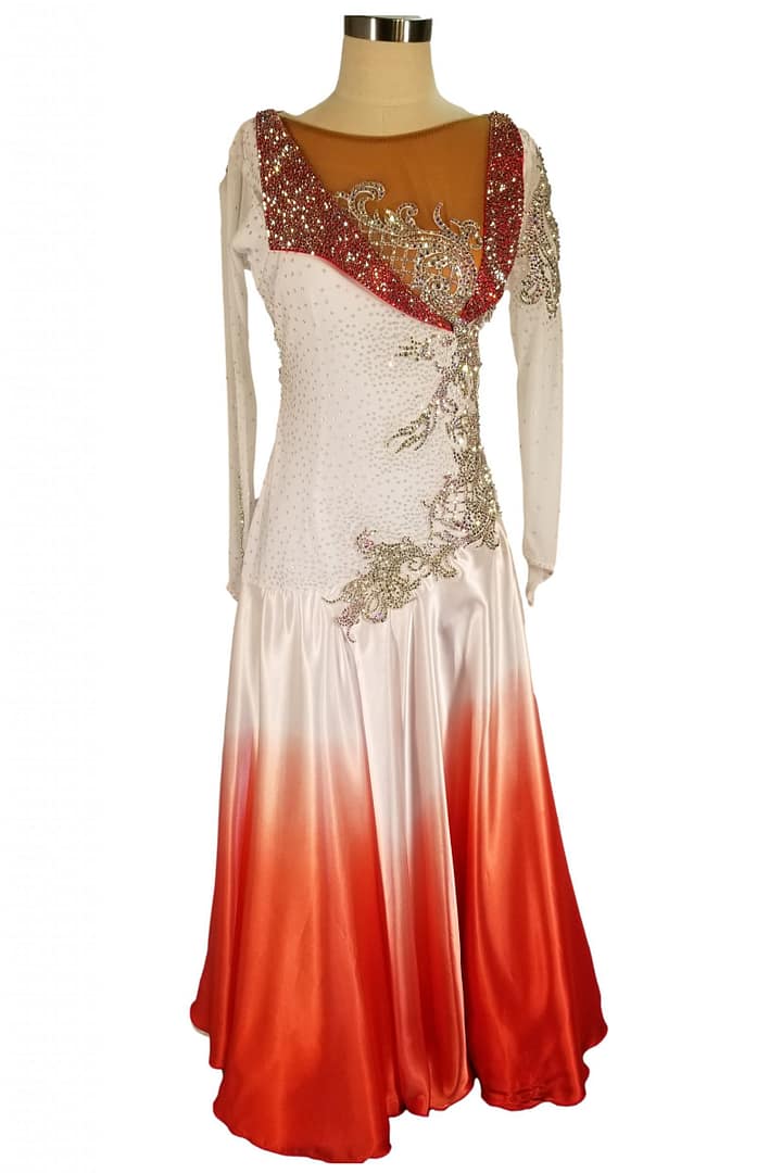 Mercedes ballroom gown — front view — A long-sleeved Standard dress with an ethereal skirt that dramatically transitions in color from pristine white at the top to a passionate red at the hem.