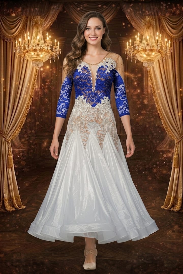Blue Sonata ballroom gown — front view — Standard gown with white taffeta skirt and a bodice featuring deep blue crystal-encrusted lace over nude mesh, accented with large white lace appliqués and pearl fringe.