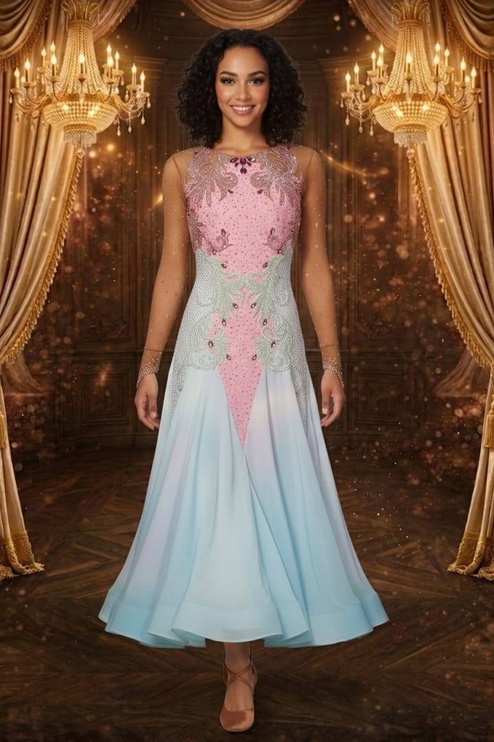 Blush Horizon ballroom gown — front view - Standard/Smooth gown in ombre from delicate white to rich light blue, featuring a sheer mesh bodice with diagonal rows of silver and AB crystal stoning.