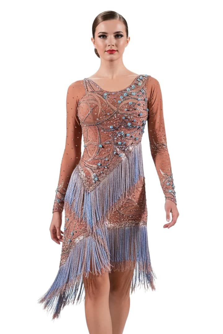 Devi Latin dress — front view — nude mesh with gold appliqué, baby blue pearls, and layered blue fringe