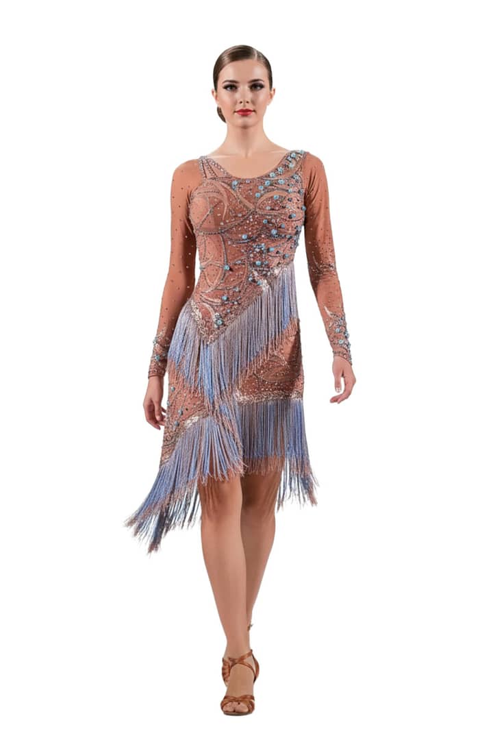 Devi Latin dress — full view — full-body view of model wearing the tan and blue Devi dress