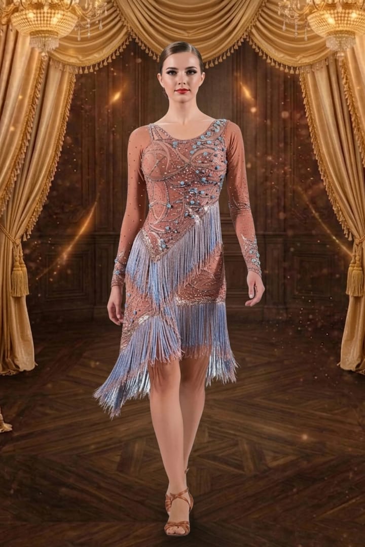 Ethereal Drift dress — front view — nude mesh with gold appliqué, baby blue pearls, and layered blue fringe