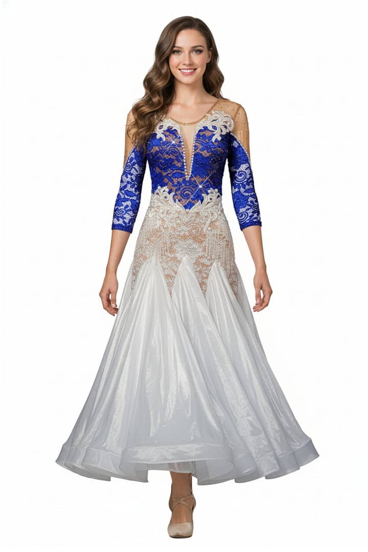 Galene ballroom gown — front view — Standard gown with white taffeta skirt and a bodice featuring deep blue crystal-encrusted lace over nude mesh, accented with large white lace appliqués and pearl fringe.