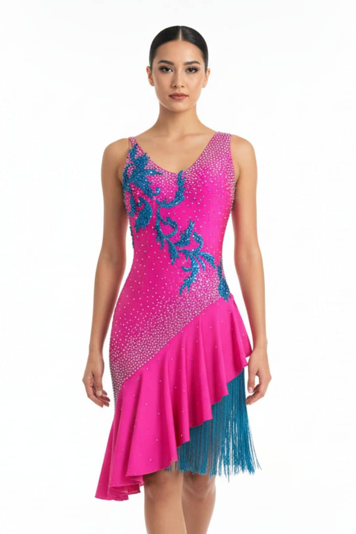 Nuna Latin dress — front view — vibrant fuchsia with diagonal ruffle, blue embroidered appliqué, and crystal snowfall
