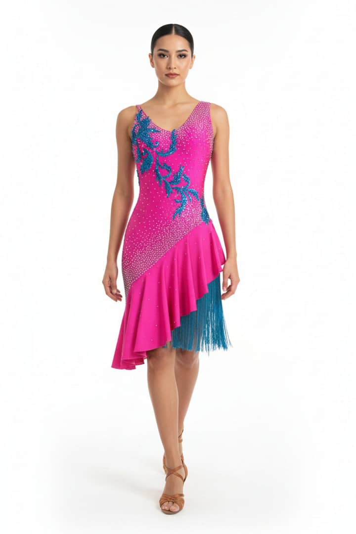 Nuna Latin dress — full view — full-body view of model wearing the fuchsia Nuna dress