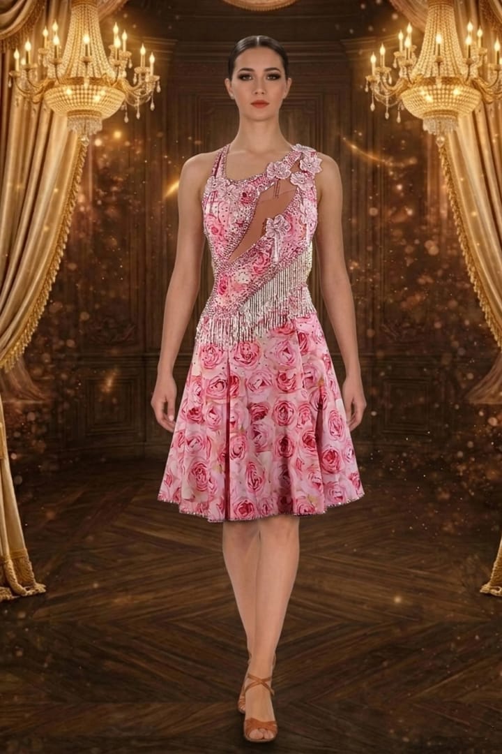Radiant Tempo Latin Dress – in mannequin – pink rose print with crystal fringe bodice and asymmetrical cut-out detail