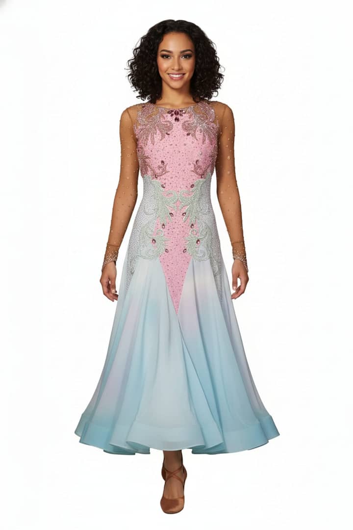 Cari ballroom gown — front view — Standard/Smooth gown in ombre from delicate white to rich light blue, featuring a sheer mesh bodice with diagonal rows of silver and AB crystal stoning.
