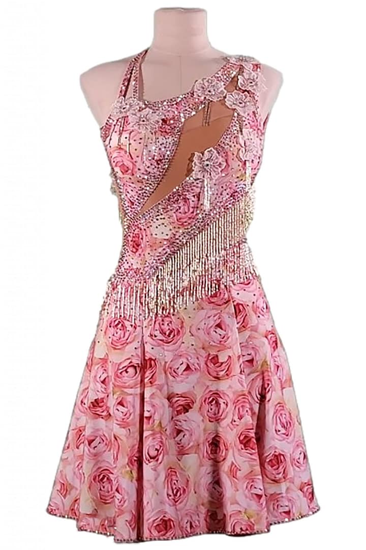 Usha Ballroom Dress – in mannequin – pink rose print with crystal fringe bodice and asymmetrical cut-out detail