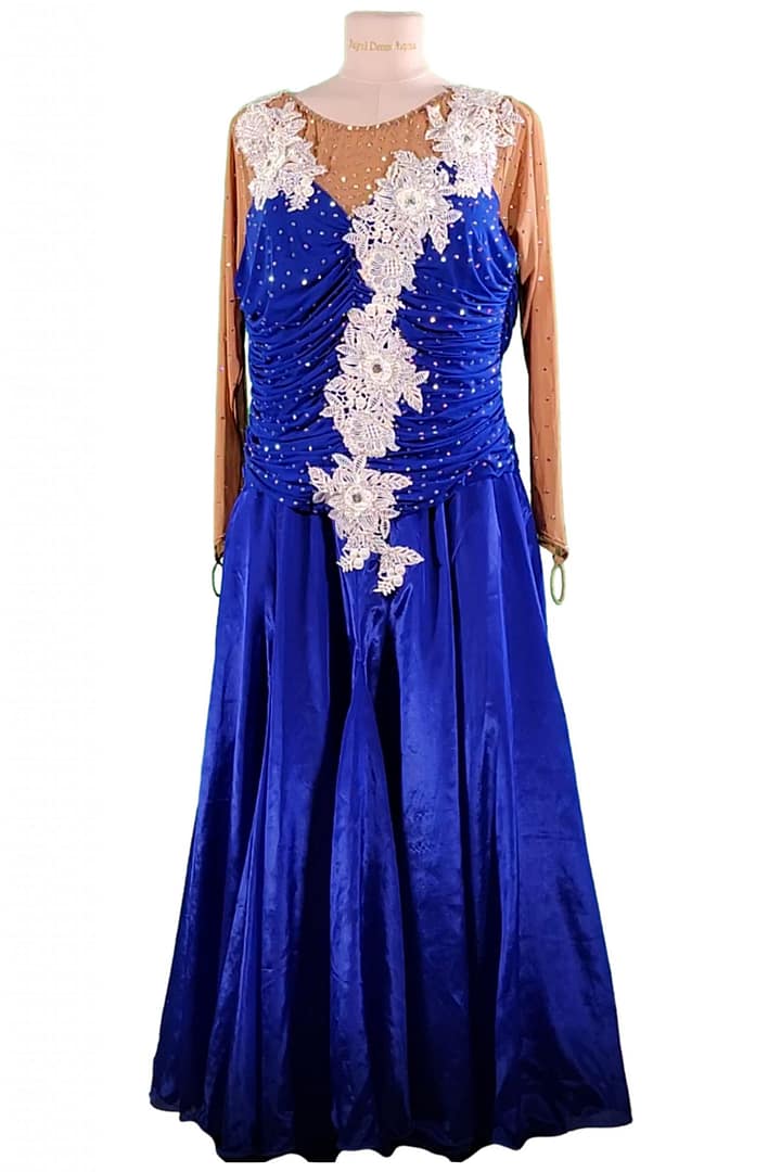 Bess Ballroom Dress - front view – royal blue gown with draped bodice and white floral appliqués.