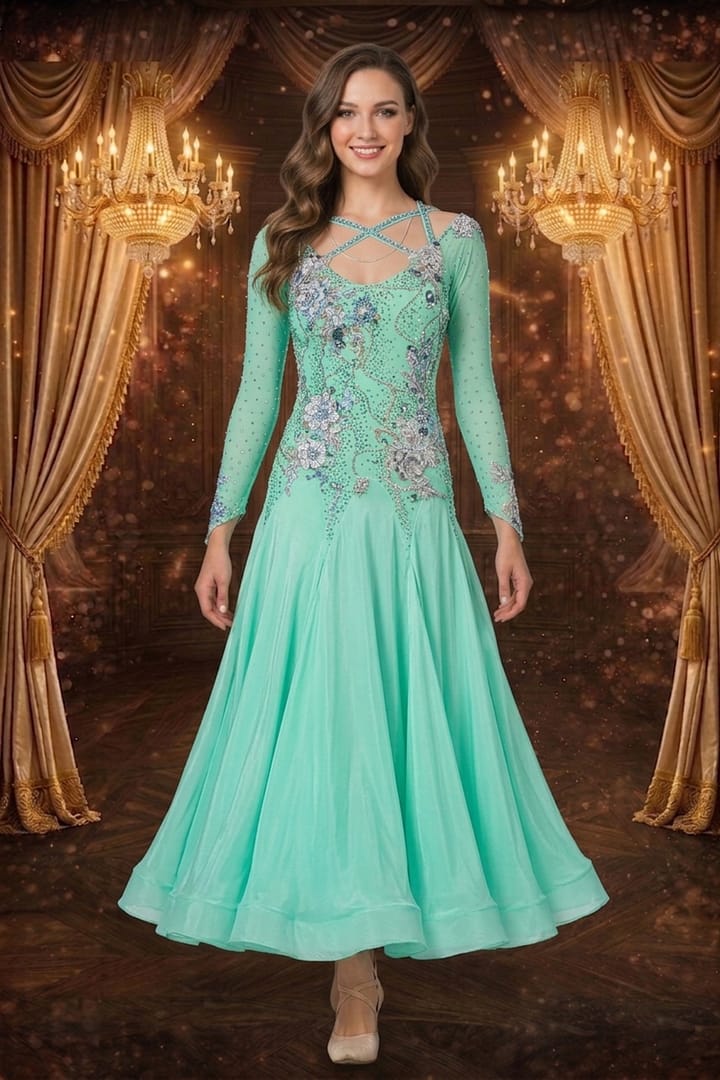 Ocean Whisper ballroom dress — front view — long-sleeve, mint green Standard dress featuring a stunning crystal criss-cross neckline and floral appliqué on the bodice.
