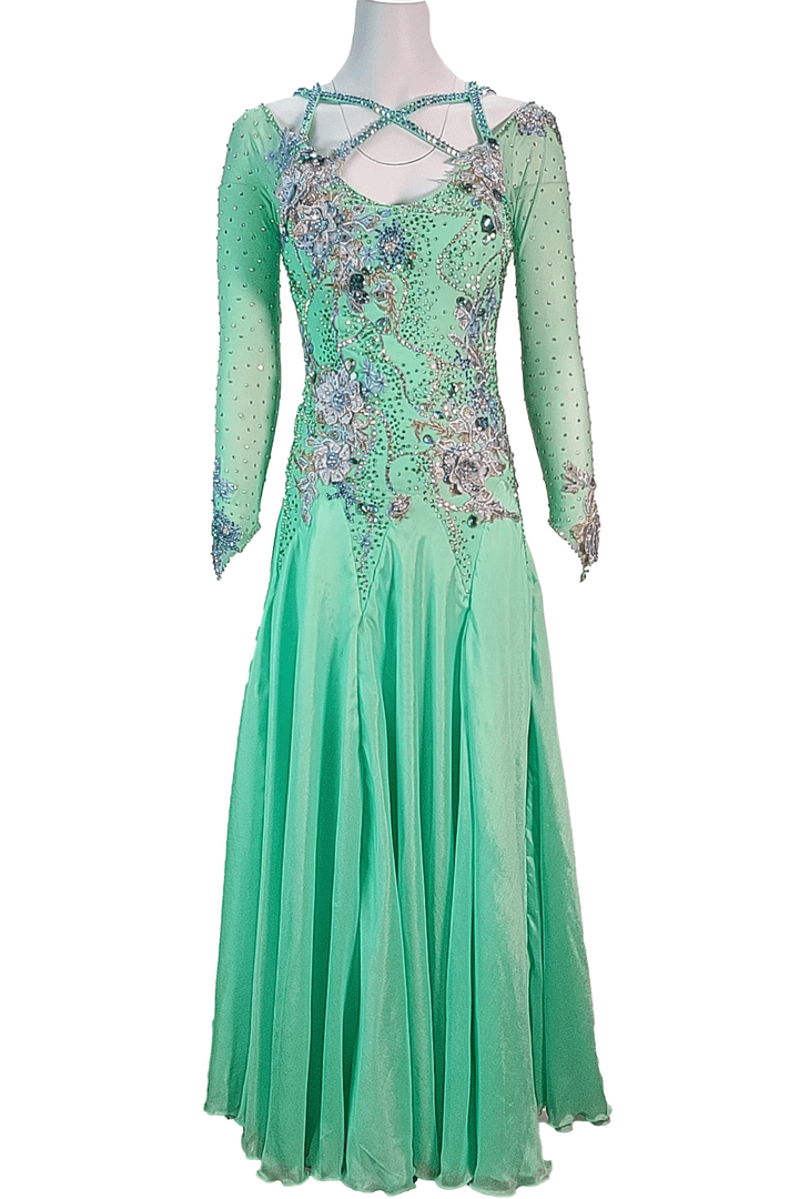 Rain ballroom dress — front view — long-sleeve, mint green Standard dress featuring a stunning crystal criss-cross neckline and floral appliqué on the bodice.