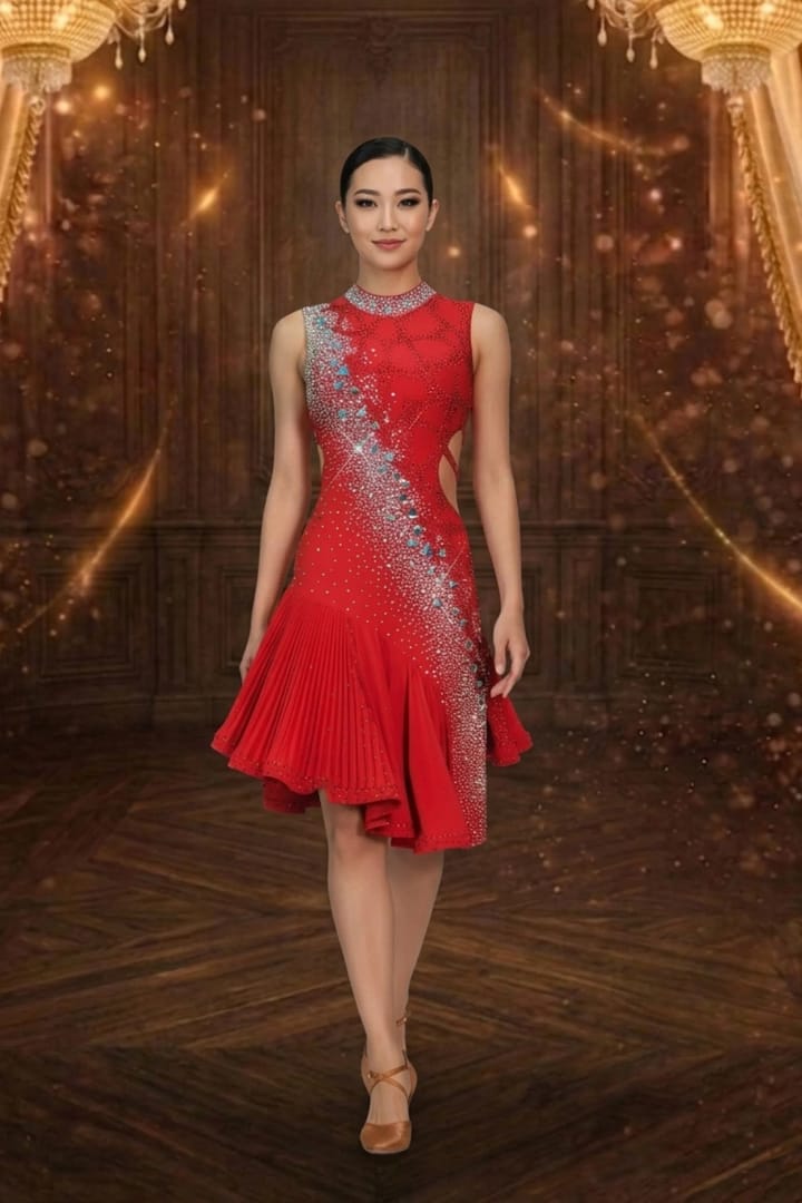 Crimson Velocity Latin Dress — front view — model in a vibrant red Latin dress with a high collar and diagonal 'Milky Way' crystal design