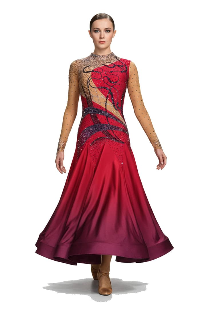 Gemma Ballroom Dress - front view - Elegant red ombré ballroom gown with crystal embellishments