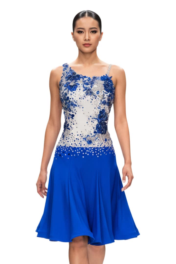 Manon Latin dress — front view — white bodice with blue floral appliqué and royal blue skirt